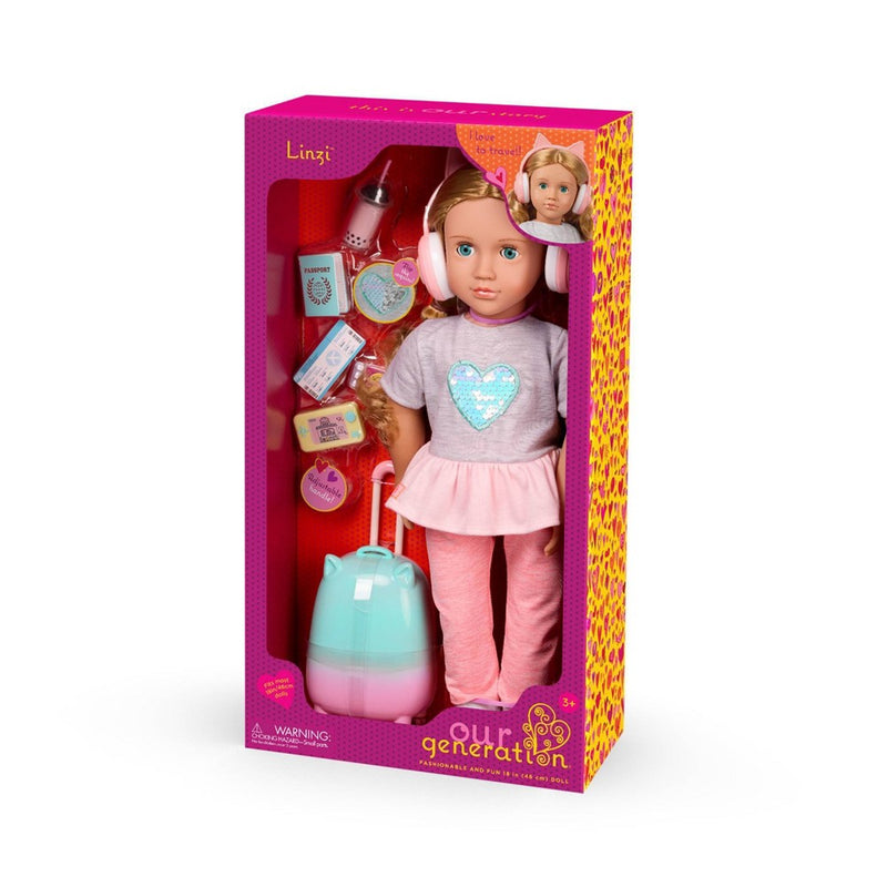 Our Generation Linzi 18" Doll with Luggage and Travel Accessories Set: Travel-Themed Wavy Blonde Hair Doll