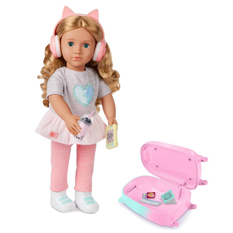Our Generation Linzi 18" Doll with Luggage and Travel Accessories Set: Travel-Themed Wavy Blonde Hair Doll