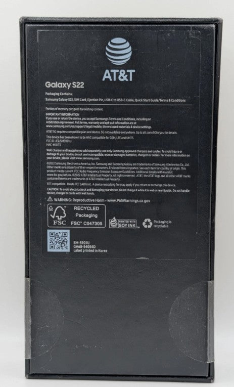 AT&T Samsung Galaxy S22 5G (128GB) Smartphone - Phantom Black -NEW, SEALED