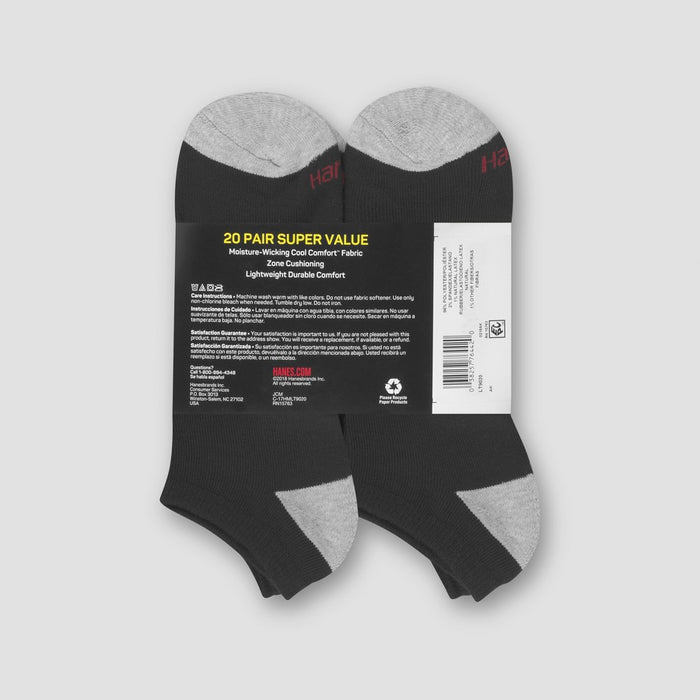Hanes Men's No Show Super Value Socks 20pk - Black/Gray 6-12