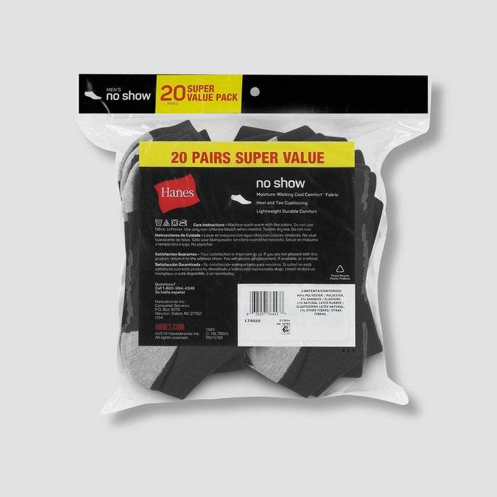 Hanes Men's No Show Super Value Socks 20pk - Black/Gray 6-12