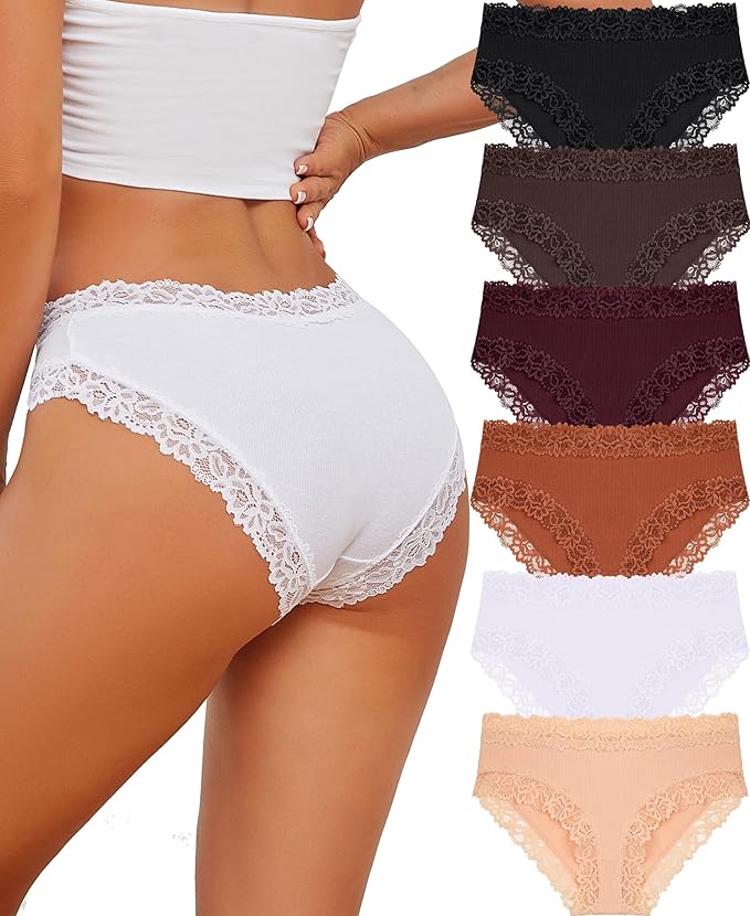 Knowyou Cotton Womens Underwear Lace Waist Hipster 6 Per Pack S