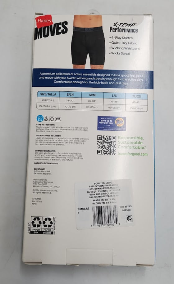 Hanes  Men's Anti-Chafe X-Temp Long Leg Boxer Briefs 2pk - Black/Teal Blue S