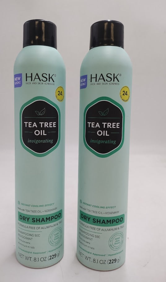2 PACK HASK Tea Tree Invigorating Dry Shampoo For Oily, Itchy Scalps – Absorbs Oil, Rebalances Scalp, Hypoallergenic, No Sulfates Or Parabens, Cruelty-Free – 8.1Oz