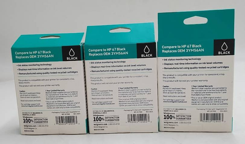 LOT OF 3 Wexford 67 Remanufacture Inkjet Cartridges Replaces HP 67 *Black* E15D
