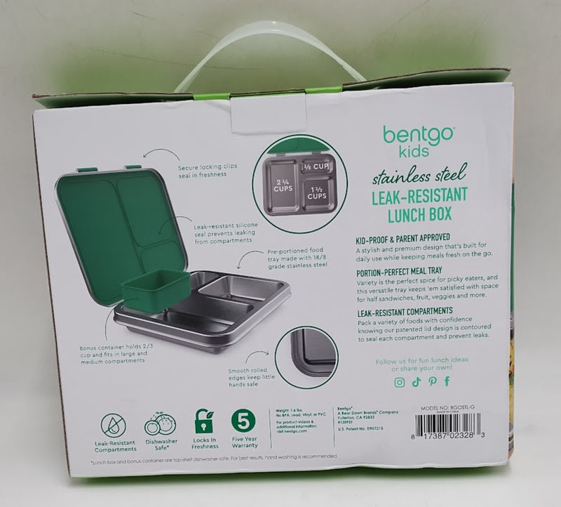 Bentgo Kids' Stainless Steel Leakproof 3 Compartments Bento-Style Lunch Box - Green
