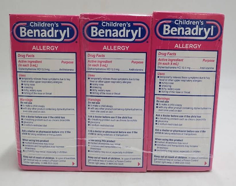LOT OF 3 Children's Benadryl Allergy Relief Liquid Cherry 8 fl oz EXP 12/2027