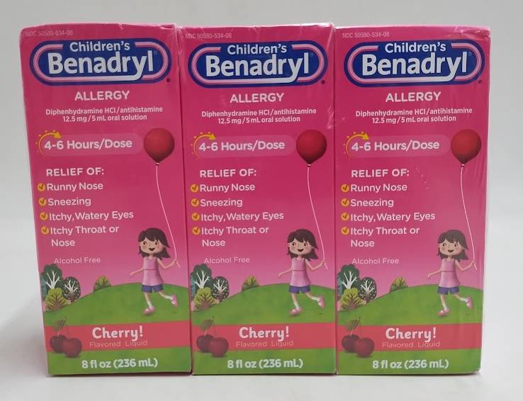 LOT OF 3 Children's Benadryl Allergy Relief Liquid Cherry 8 fl oz EXP 12/2027