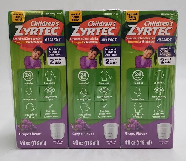 LOT OF 3 Children's Zyrtec Allergy Relief Syrup Grape 4 fl oz EXP 12/2027