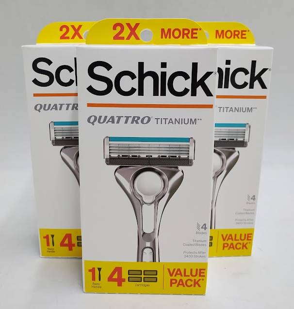 LOT OF 3 !! Schick Quattro Titanium Razor, 1 Razor Handle And 4 Cartridges