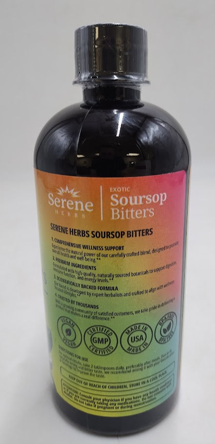 Serene Herbs Soursop Bitters Liquid With Soursop Leaves For Gut Cleanse, Detox & Immune Boost With Black Seed, Moringa, Irish Moss, Ashwaganda, Turmeric, 16 Fl Oz (16 Fl, Soursop)