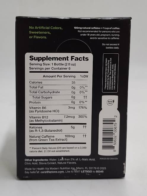 Ketone-IQ Green Apple Caffeine Energy Drinks - 6 Pack Box 2 fl oz EXP 11/20/26