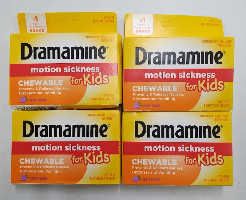 LOT OF 4 Dramamine Kids Chewable Motion Sickness Tablets Grape 8ct. EXP 06/27