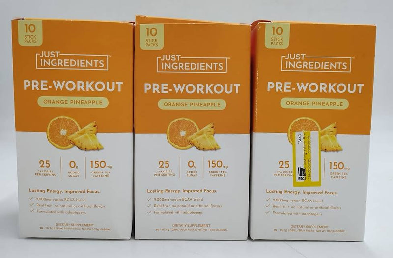 LOT OF 3 Just Ingredients Pre-Workout Drink Packet Orange Pineapple EXP12/23/27