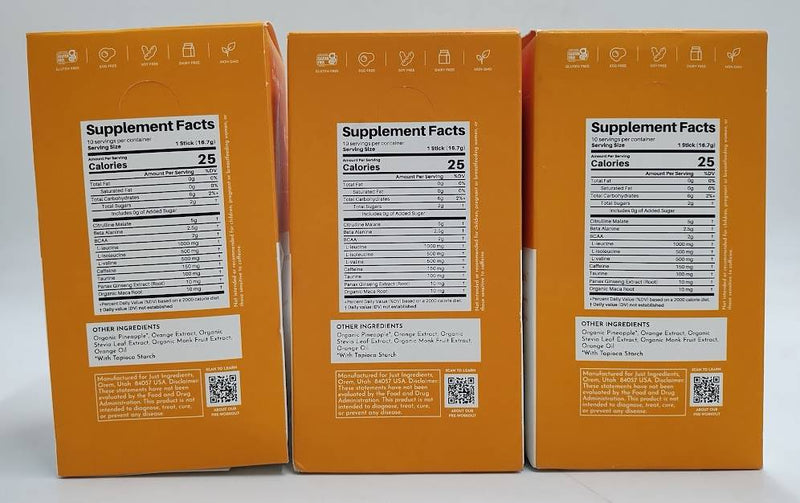 LOT OF 3 Just Ingredients Pre-Workout Drink Packet Orange Pineapple EXP12/23/27