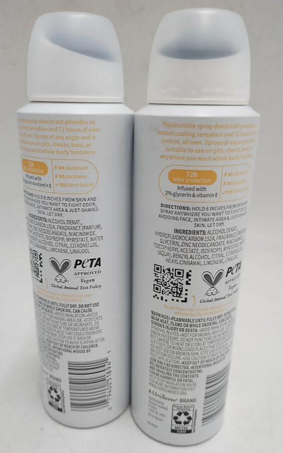 2 PACK Dove Beauty Aluminum-Free Whole Body Deodorant Spray - Peach & White Tea