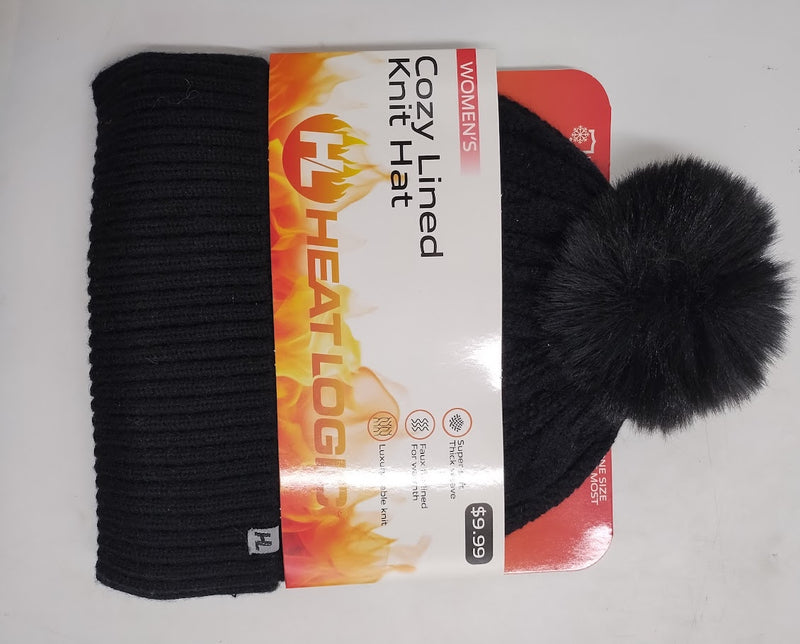 Heat Logic Women Cozy Lined Pom Pom Knit Hat Black OSFM new