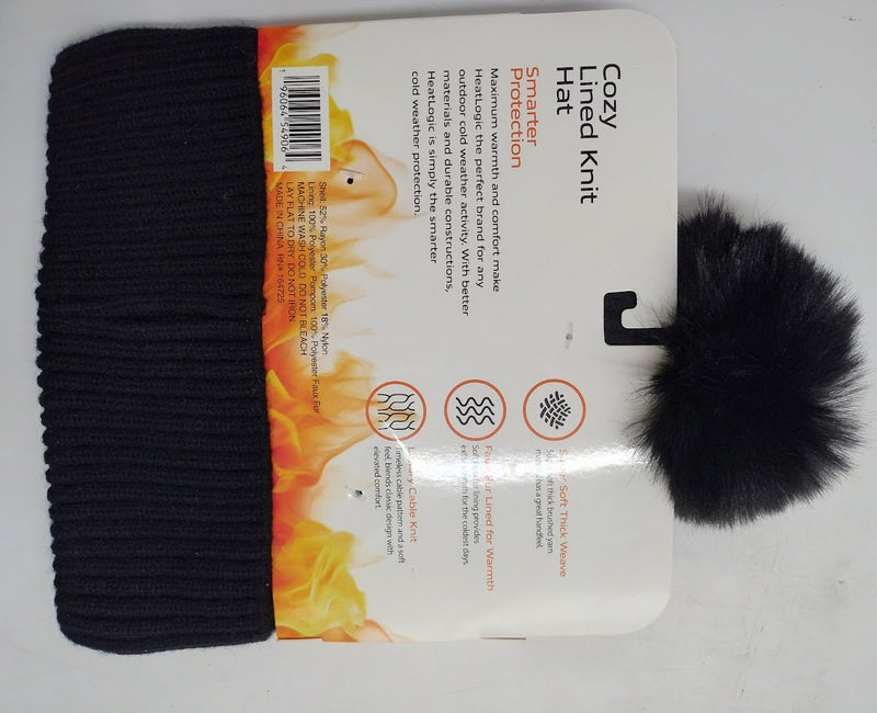 Heat Logic Women Cozy Lined Pom Pom Knit Hat Black OSFM new