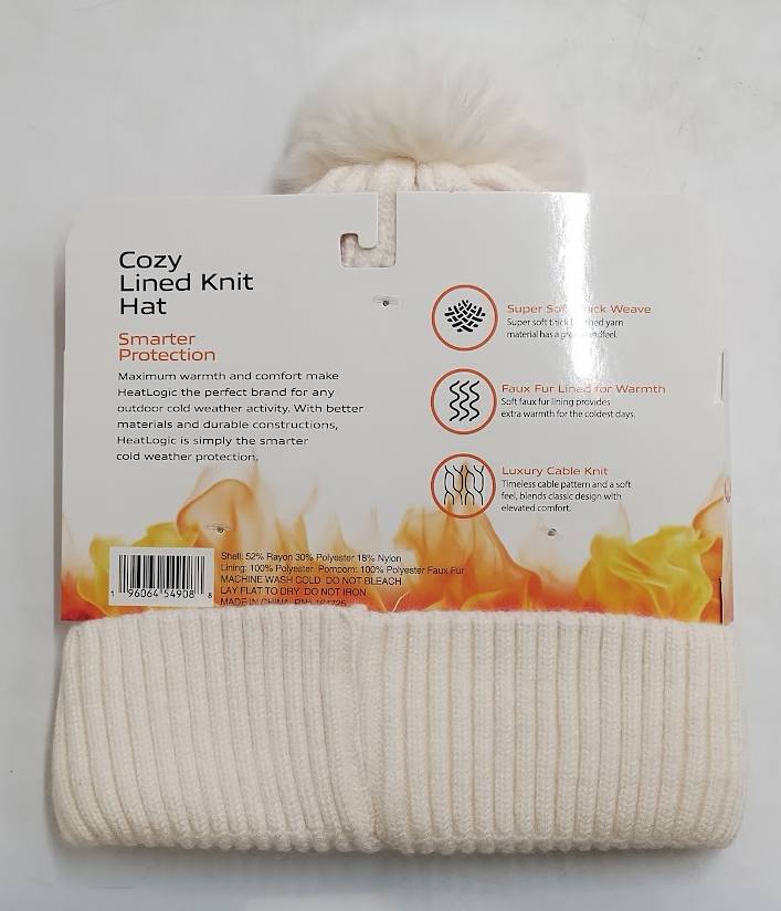 Heat Logic Women's Cable Pom Beanie with Cozy Sherpa Lining Cream