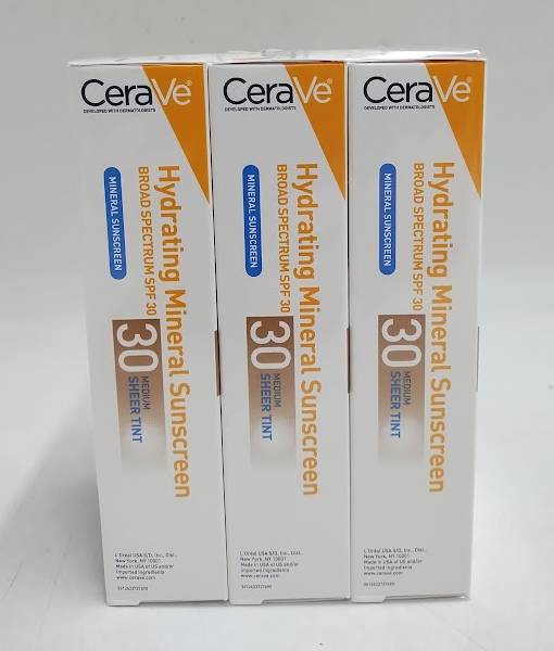LOT OF 3 !! CeraVe Hydrating Mineral Tinted Face Sunscreen Lotion - EXP 04/2028