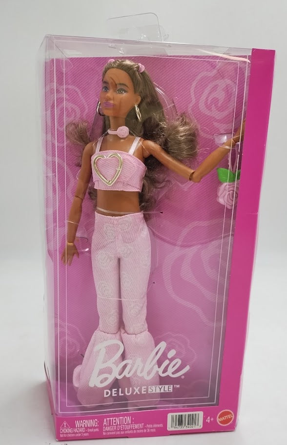 Barbie Deluxe Style Fashion Doll #12 in Pink Denim Crop Top and Flare Jeans, Brunette