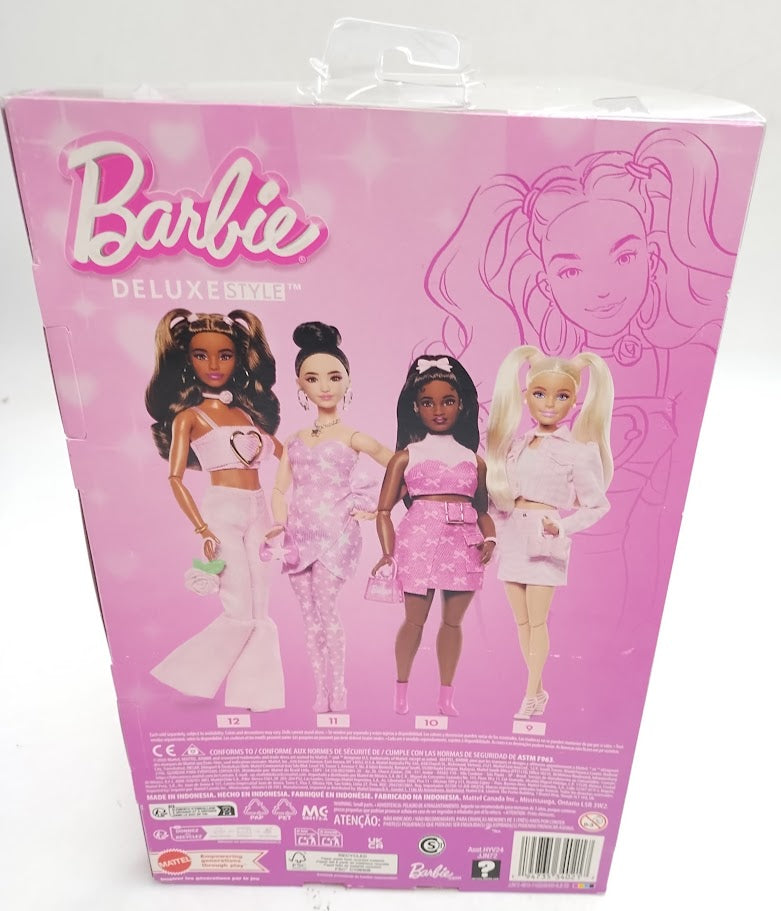 Barbie Deluxe Style Fashion Doll #12 in Pink Denim Crop Top and Flare Jeans, Brunette