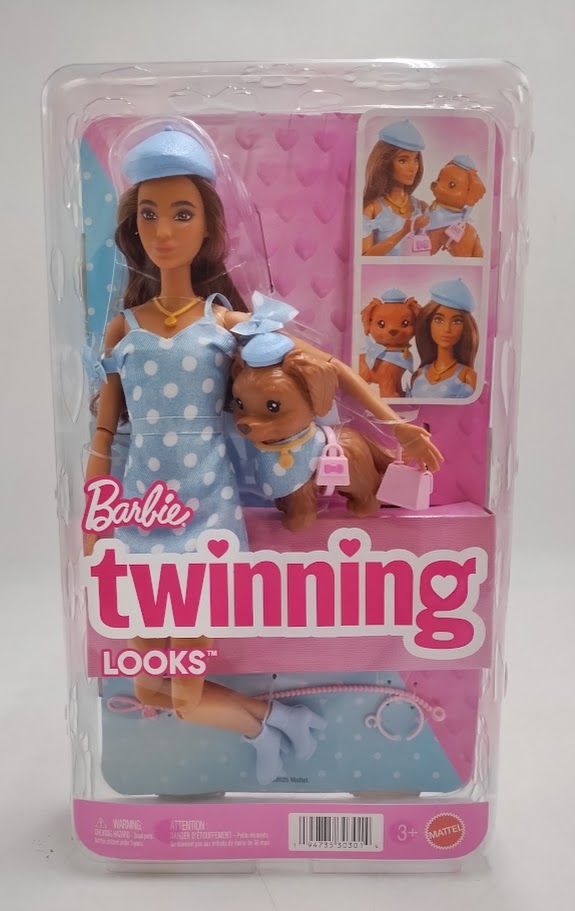 Barbie Twinning Looks Fashion Doll with Pet Dog Matching Blue Clothes and Accessories Brunette