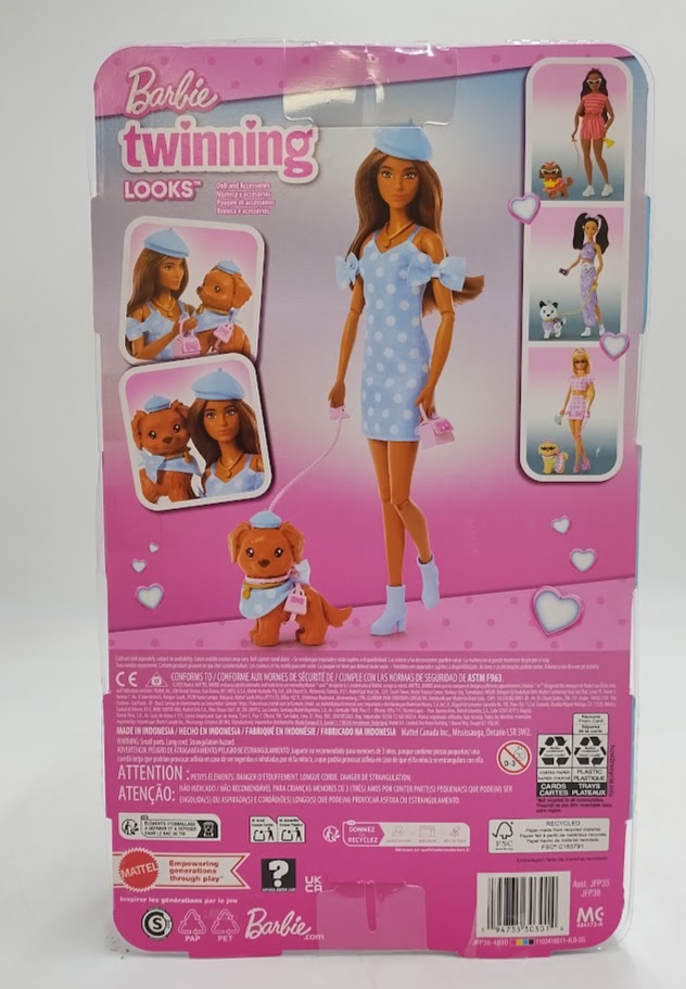 Barbie Twinning Looks Fashion Doll with Pet Dog Matching Blue Clothes and Accessories Brunette