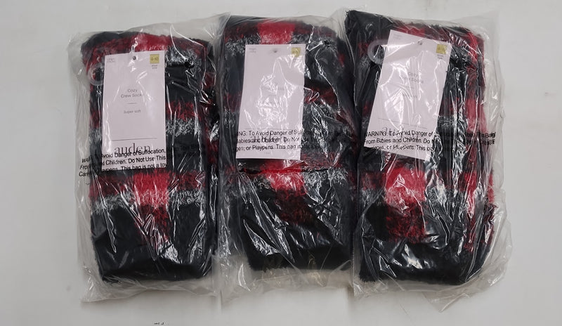 3 PACK Women's Plaid Cozy Crew Socks - Auden Red/Black/Ivory 4-10