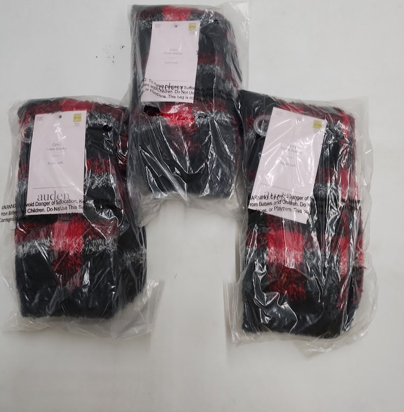 3 PACK Women's Plaid Cozy Crew Socks - Auden Red/Black/Ivory 4-10