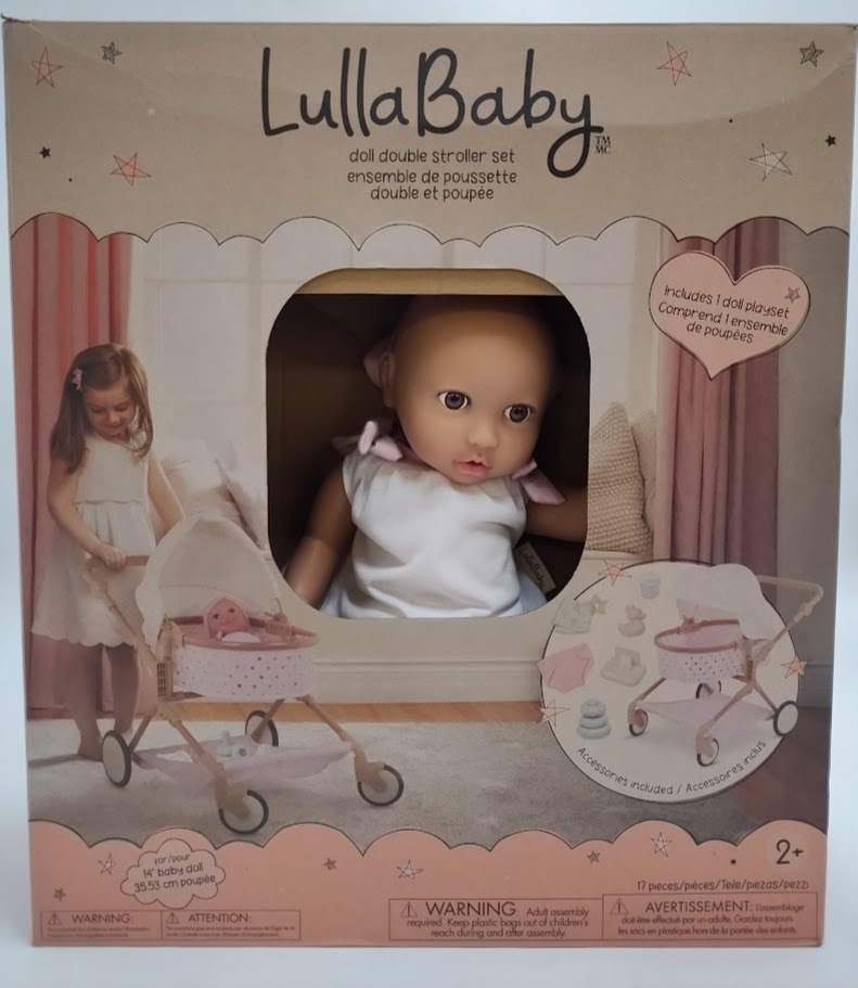 LullaBaby 14" Baby Doll & Double Stroller Accessory Set Toy Stroller with Canopy & Basket SEE DETAILS