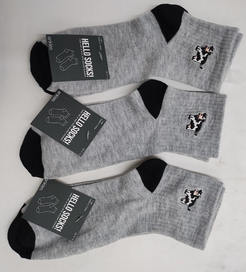 LOT OF 3 Women's Embroidered Cow Ribbed Ankle Socks 4-10