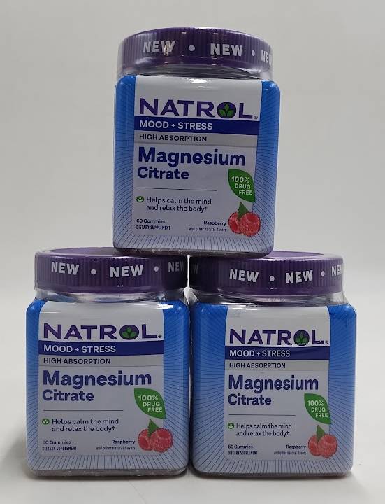 LOT OF 3 Natrol Mood+Stress Magnesium Citrate Gummies Raspberry 60Ct EXP 08/2027