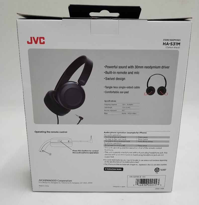 JVC Lightweight On Ear Headphones With Powerful Sound, Integrated Remote & Mic For Smartphones - HAS31MB (Black), Medium