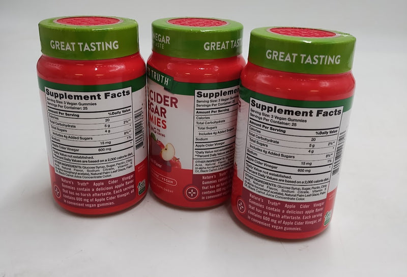 3 PACK Nature's Truth Apple Cider Vinegar 600mg Vegan Gummies 75ct EXP:06/2027