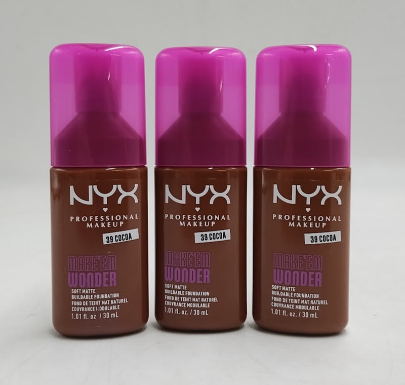 LOT OF 3!!! NYX Make 'Em Wonder 24H Soft Matte Foundation - 39 Cocoa 1.01 fl oz