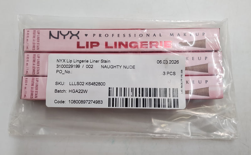 LOT OF 3!!! NYX Lip Lingerie Lip Liner Stain - 02 Naughty Nudes - 0.03 fl oz