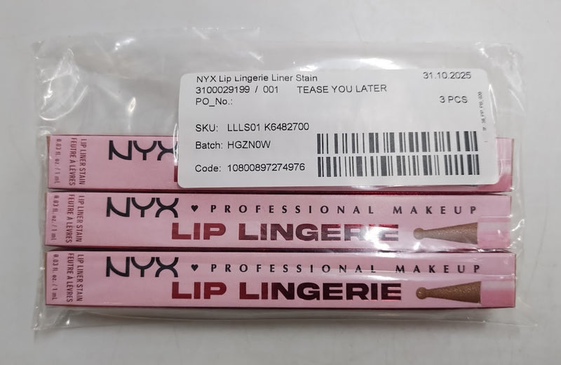 LOT OF 3!!! NYX Lip Lingerie Lip Liner Stain - 01 Tease U Later - 0.03 fl oz