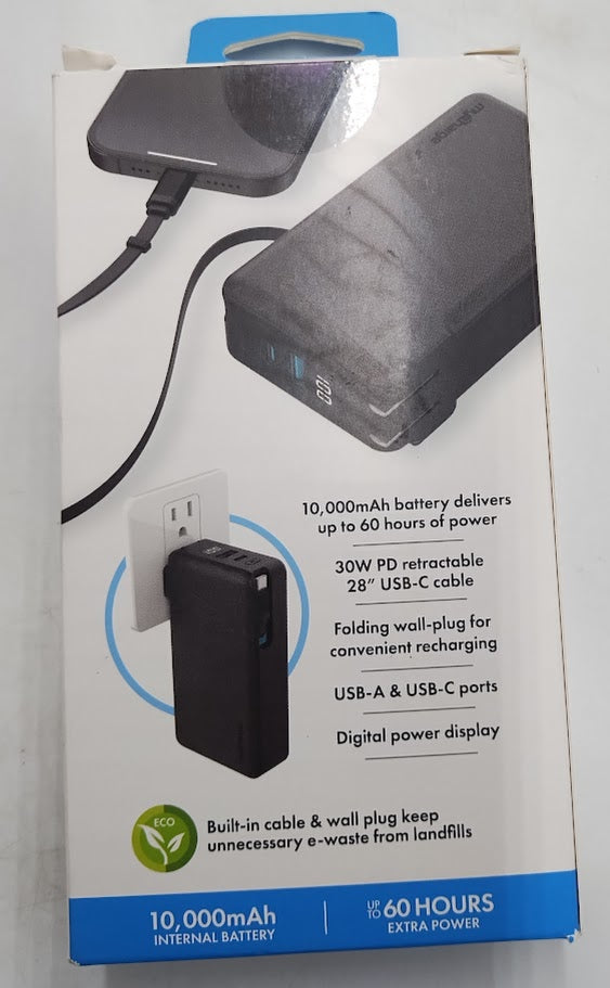 myCharge 10000mAh 30W RetractaCharger + Power Bank - Black