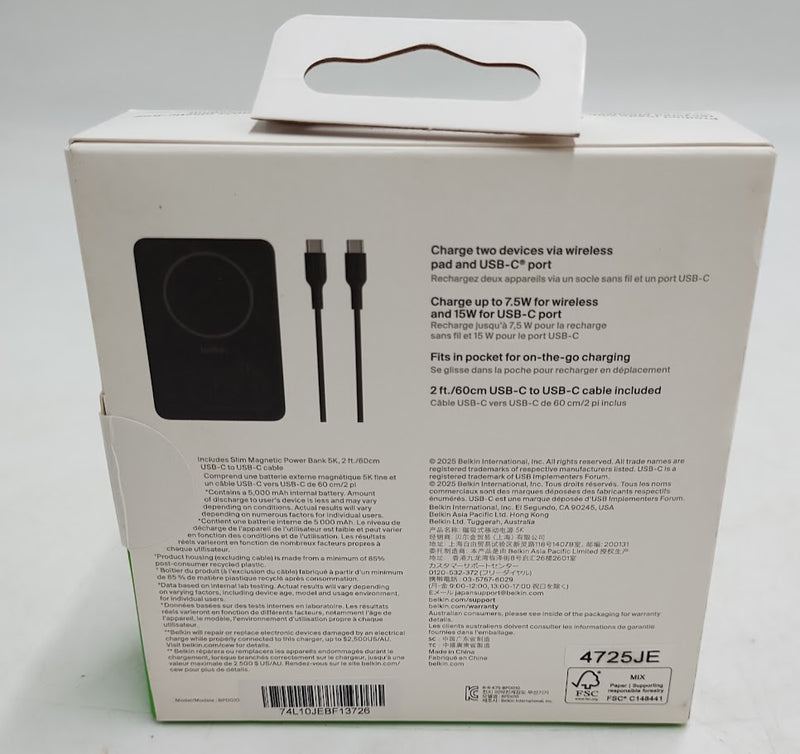 Belkin 5000 mAh 7.5w Magnetic Wireless Power Bank USB-C Port - Black