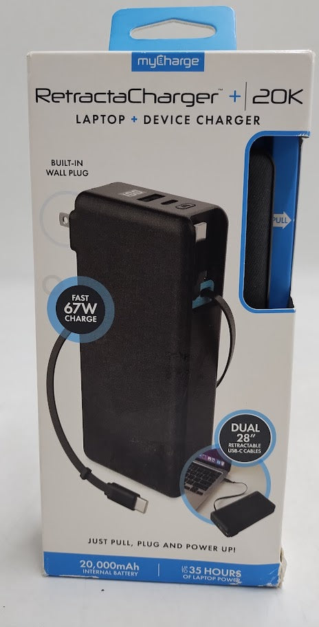 myCharge 20000mAh 67W RetractaCharger + Power Bank with Two Buit-in Retractable USB-C Cables and Wall Plug - Black