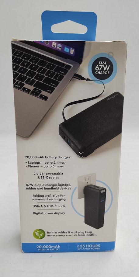myCharge 20000mAh 67W RetractaCharger + Power Bank with Two Buit-in Retractable USB-C Cables and Wall Plug - Black