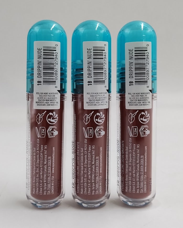 LOT OF 3!!! NYX Lip IV Hydrating Lip Gloss Stain - Dripping Nude - 0.16 fl oz