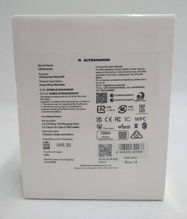 Ultrahuman AIR Size 12 Smart Ring- Matte Gray **KNOW YOUR SIZE**