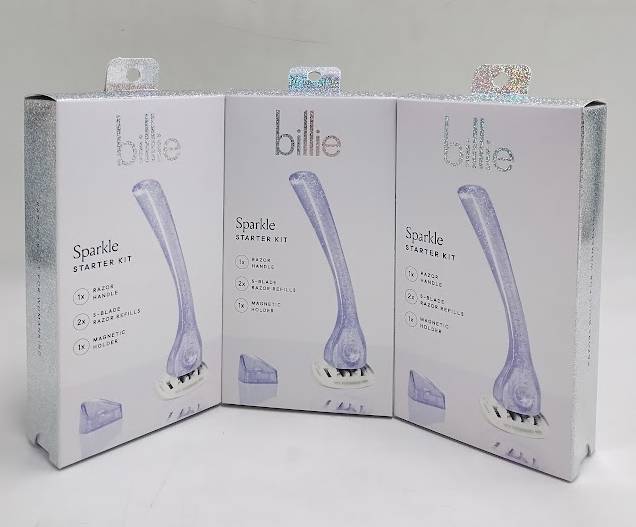 LOT OF 3!! Billie Women's Razor With Magnetic Holder & 2 Blade Refills - Sparkle
