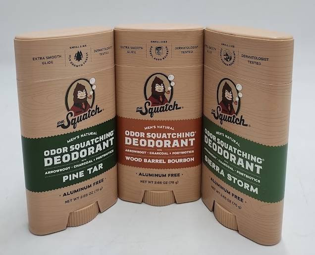 LOT OF 3!! DR. SQUATCH Men's Natural Solid Deodorant - Storm, Bourbon, Pine