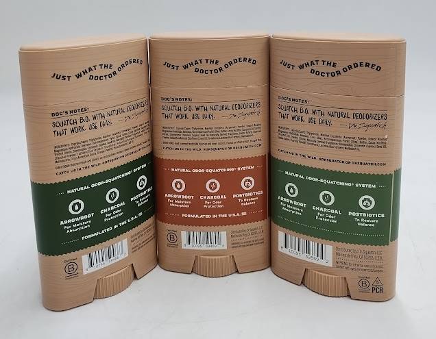LOT OF 3!! DR. SQUATCH Men's Natural Solid Deodorant - Storm, Bourbon, Pine
