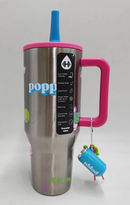 HydroJug x Poppi 40 fl oz Stainless Steel Straw Tumbler Silver Chrome Stickers