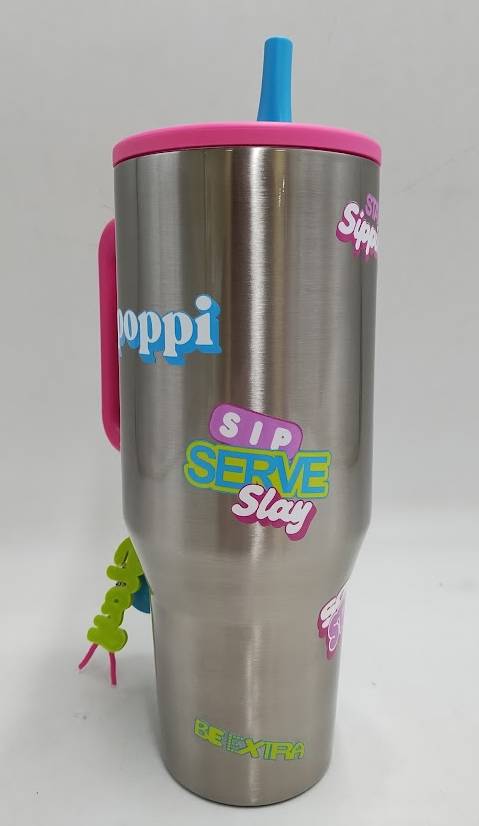 HydroJug x Poppi 40 fl oz Stainless Steel Straw Tumbler Silver Chrome Stickers