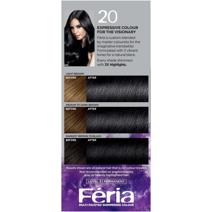 L'Oreal Paris Feria Multi-Faceted Shimmering Color - 20 Natural Black - 1 Kit